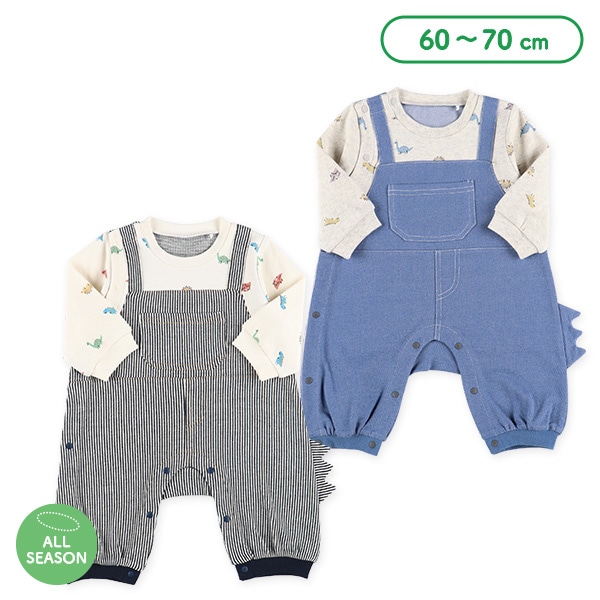 スムースデニム恐竜吊り風長袖ロンパース