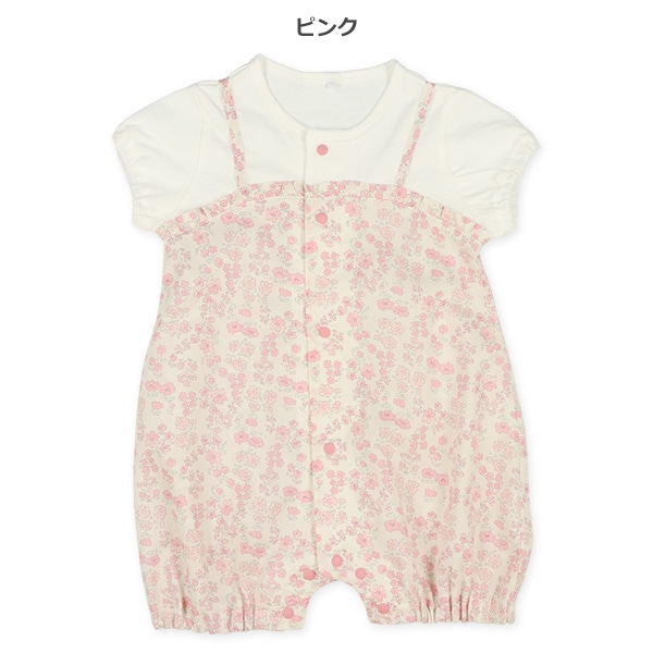 シーチング切り替え花柄半袖ロンパース