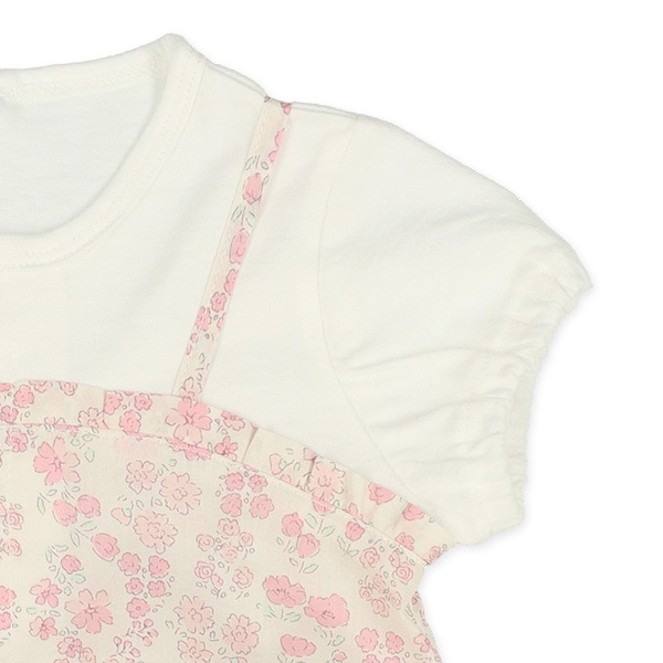 シーチング切り替え花柄半袖ロンパース