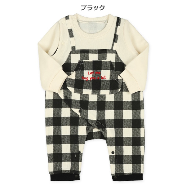 裏起毛チェック吊り風長袖ロンパース