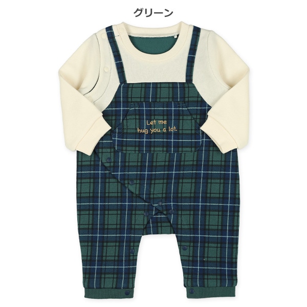 裏起毛チェック吊り風長袖ロンパース
