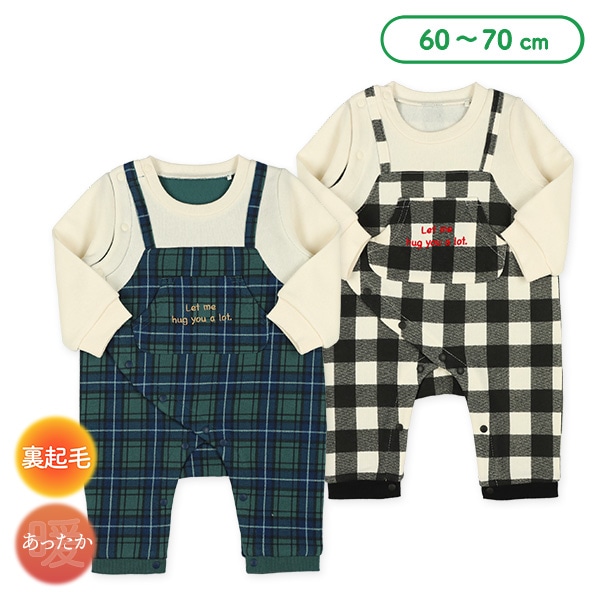 裏起毛チェック吊り風長袖ロンパース