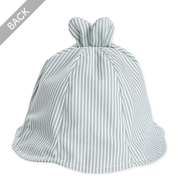 うさ耳付きヒッコリーチューリップ新生児帽子（ブルー・グレー）