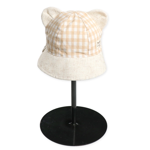 くま耳日よけ付き新生児帽子（ナチュラルチェック）