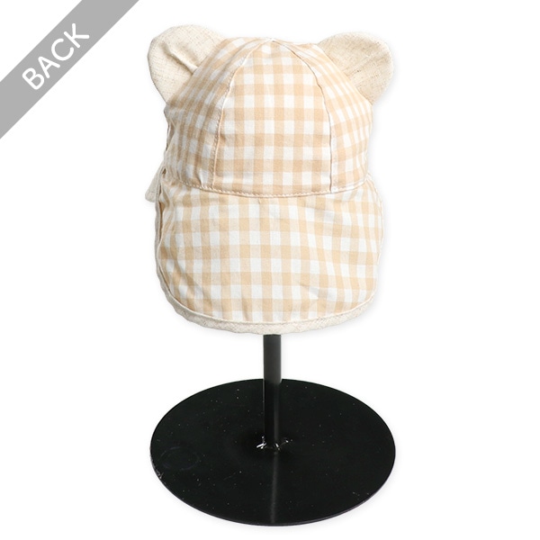 くま耳日よけ付き新生児帽子（ナチュラルチェック）