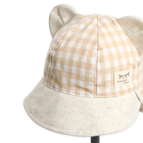 くま耳日よけ付き新生児帽子（ナチュラルチェック）