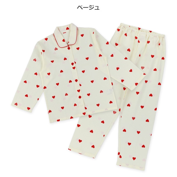 前開き長袖パジャマ（ハート総柄）