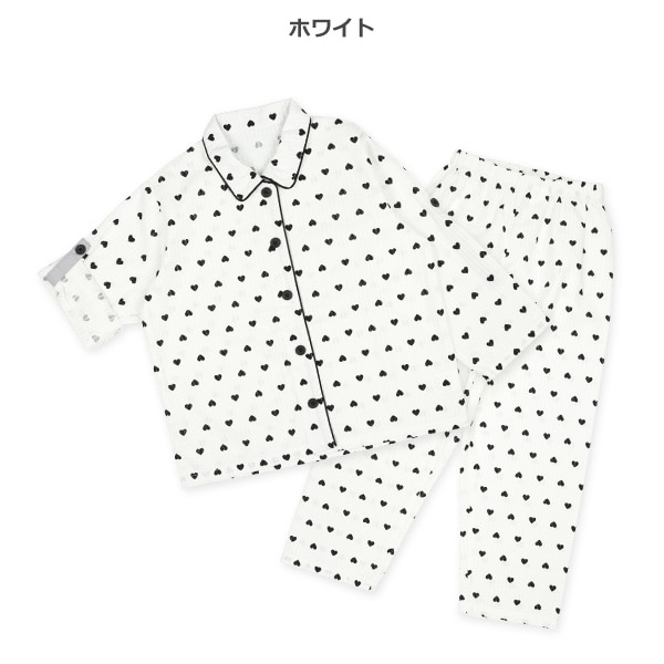 袖ロールアップ前開き長袖パジャマ（ハート総柄）