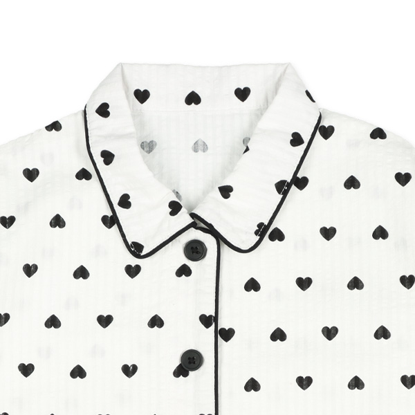 袖ロールアップ前開き長袖パジャマ（ハート総柄）