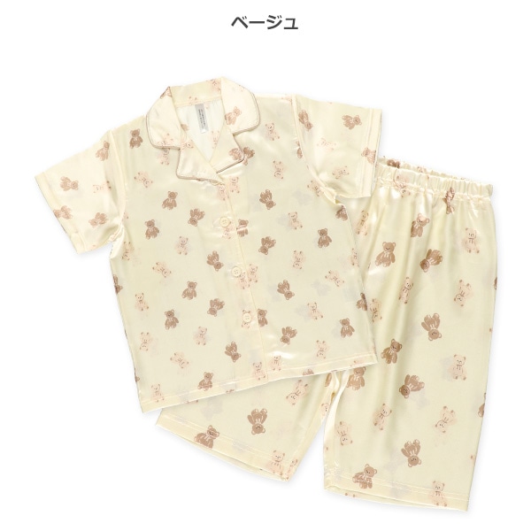 前開き半袖パジャマ（サテン・くま総柄）