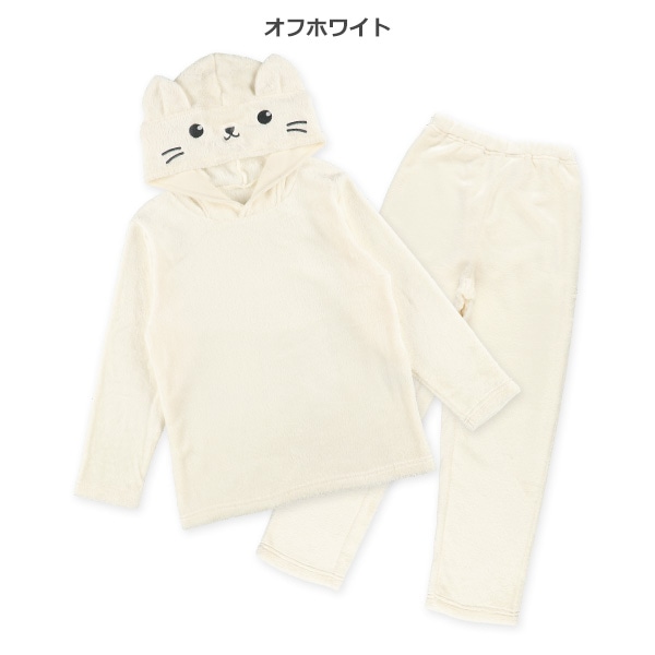 フード付きマイクロフリース長袖パジャマ（ねこ）