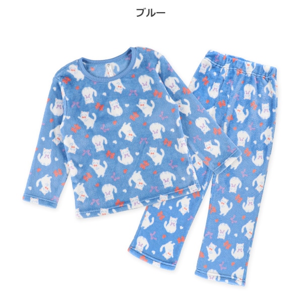 マイクロフリース長袖パジャマ（しろねこ・リボン）