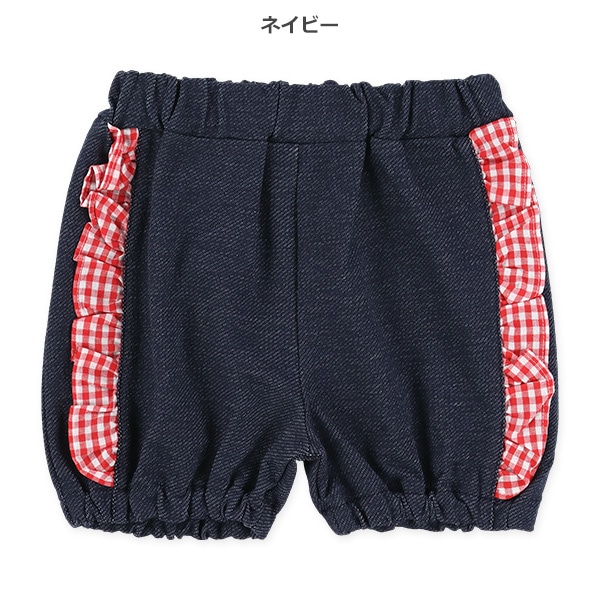 デニムニットギンガムフリルショートパンツ