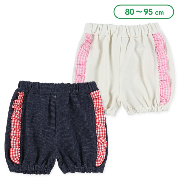 デニムニットギンガムフリルショートパンツ