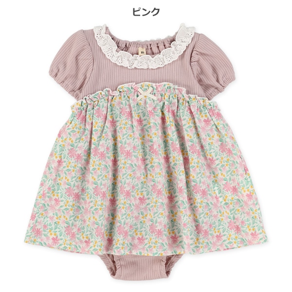 テレコ花柄布帛半袖ロンパース