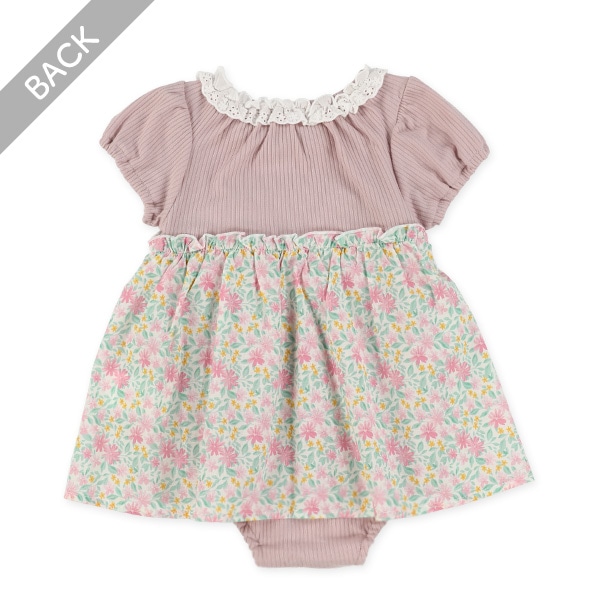 テレコ花柄布帛半袖ロンパース