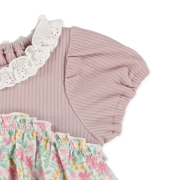 テレコ花柄布帛半袖ロンパース