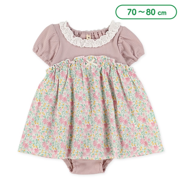 テレコ花柄布帛半袖ロンパース