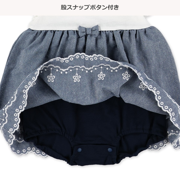 ダンガリーデニムカット刺繍半袖ロンパース