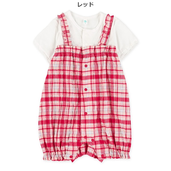チェック柄レイヤード風半袖カバーオール