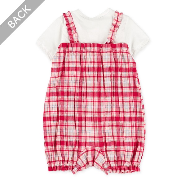 チェック柄レイヤード風半袖カバーオール