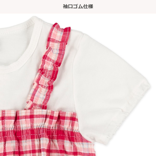 チェック柄レイヤード風半袖カバーオール