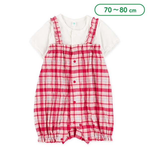 チェック柄レイヤード風半袖カバーオール