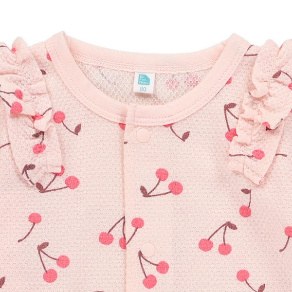 ハチス天竺肩フリルチェリー柄長袖カバーオール