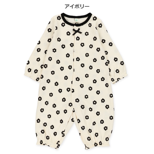 リボン付き花柄長袖カバーオール