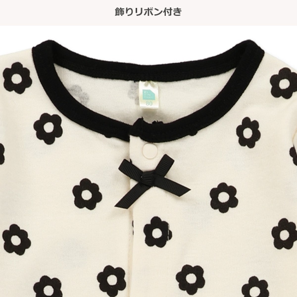 リボン付き花柄長袖カバーオール