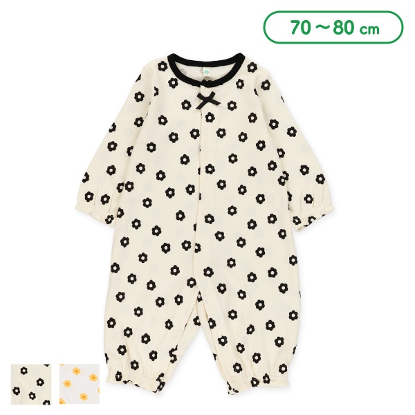 リボン付き花柄長袖カバーオール