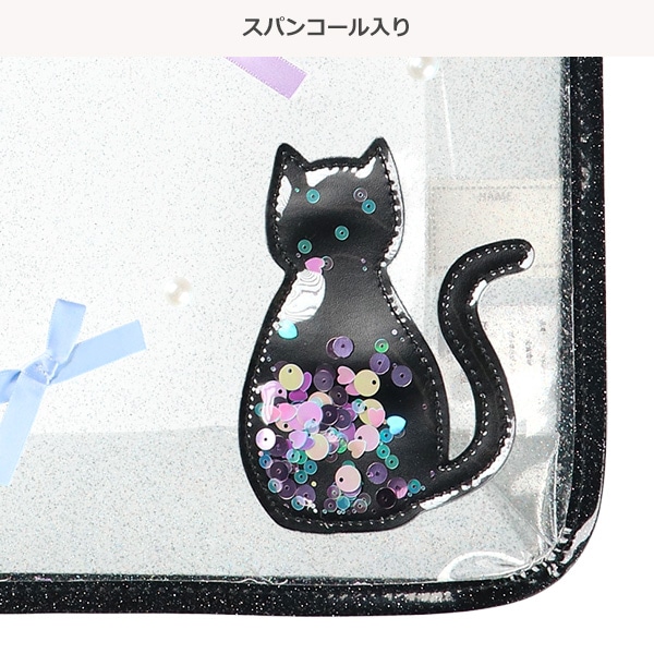 スパンコール入りクリアビーチバッグ（ねこ・パールリボン）