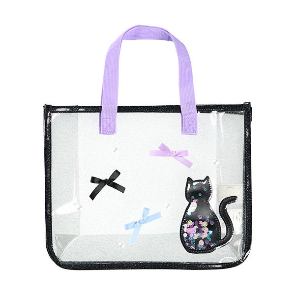 スパンコール入りクリアビーチバッグ（ねこ・パールリボン）