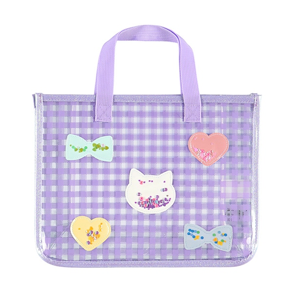 スパンコール入りクリアビーチバッグ（ねこリボンハート）