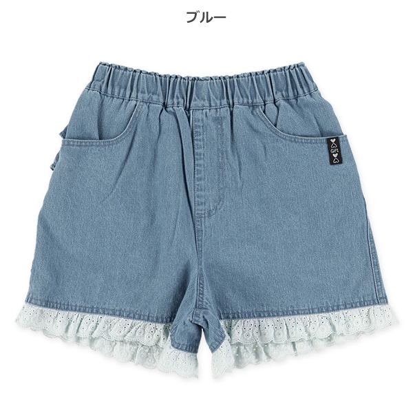 デニムバックフリル裾レース付きショートパンツ