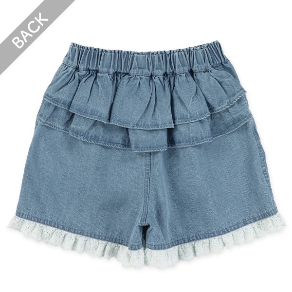 デニムバックフリル裾レース付きショートパンツ