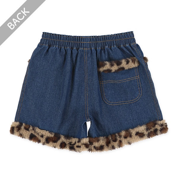 ヒョウ柄ファー付きデニムショートパンツ
