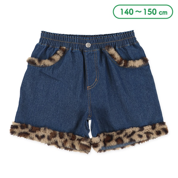 ヒョウ柄ファー付きデニムショートパンツ