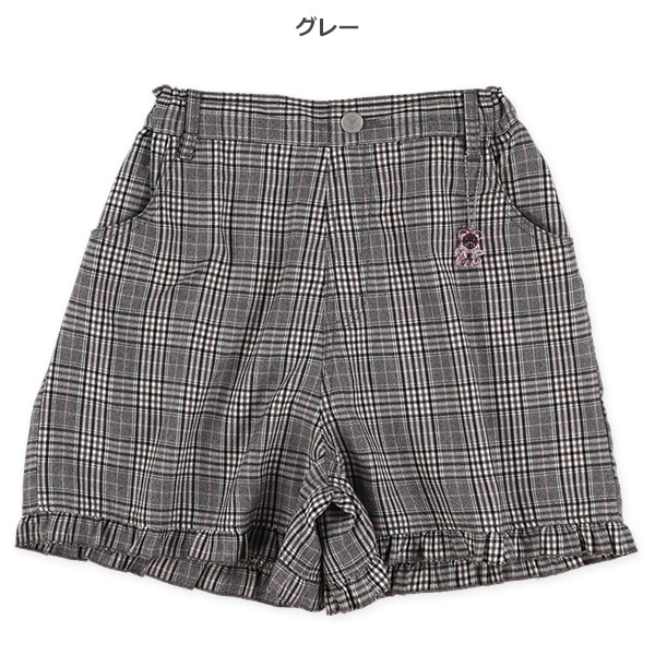 くまチャーム付き裾フリルチェック柄ショートパンツ