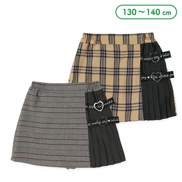脇プリーツ切り替えチェック柄スカパン