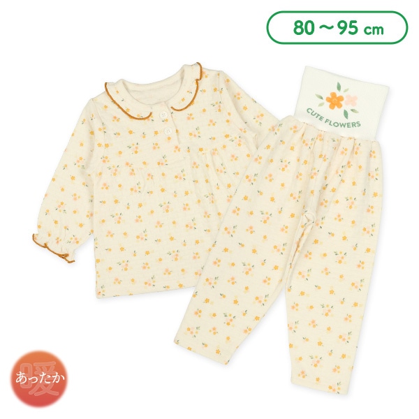 ソフトキルト腹巻付き前半開き長袖パジャマ（フリル小花）