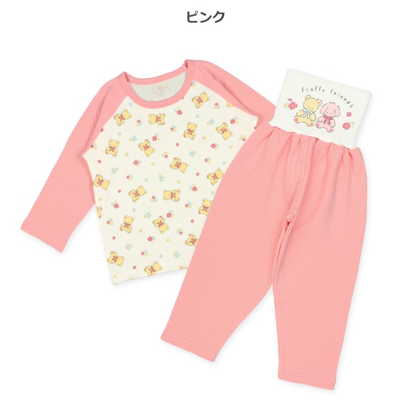 ソフトキルト腹巻付きラグラン長袖パジャマ（くま・花）