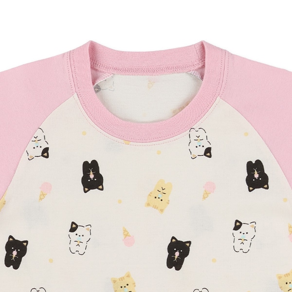 腹巻付きラグラン半袖パジャマ（ねこ・アイス）