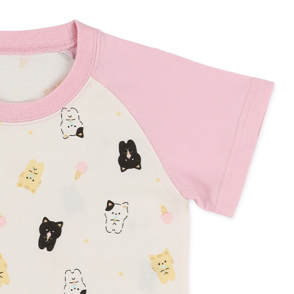 腹巻付きラグラン半袖パジャマ（ねこ・アイス）