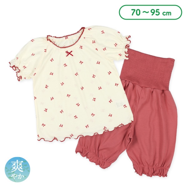 腹巻付きラグラン半袖パジャマ（リボン柄）