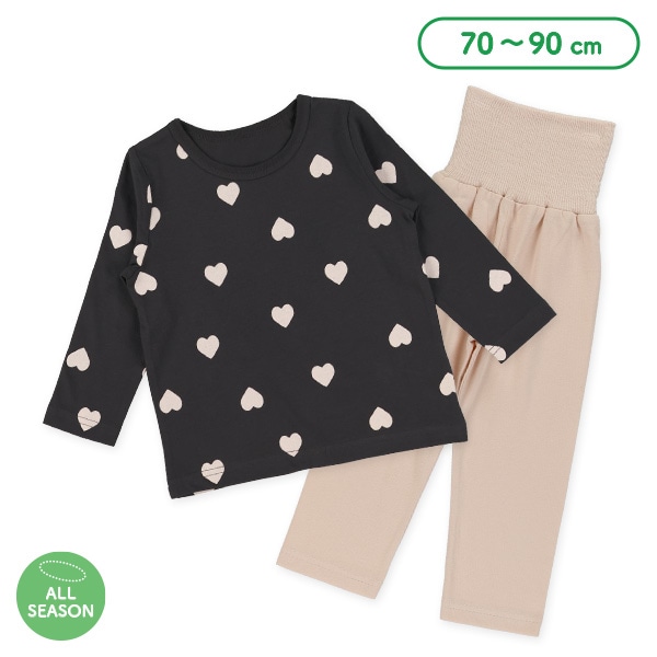 腹巻付き長袖パジャマ（ハート・モノトーン）