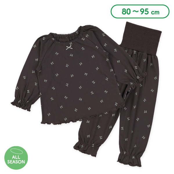 腹巻付きラグラン長袖パジャマ（リボン総柄）