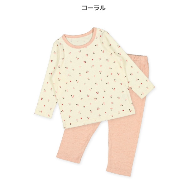 2枚組パイル+パイル裏起毛長袖パジャマ（チェリー・小花）
