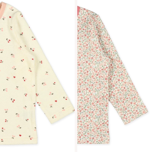 2枚組パイル+パイル裏起毛長袖パジャマ（チェリー・小花）