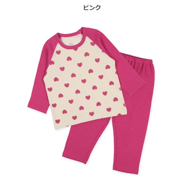 2枚組裏起毛+キルトラグラン長袖パジャマ（くま・ハート）